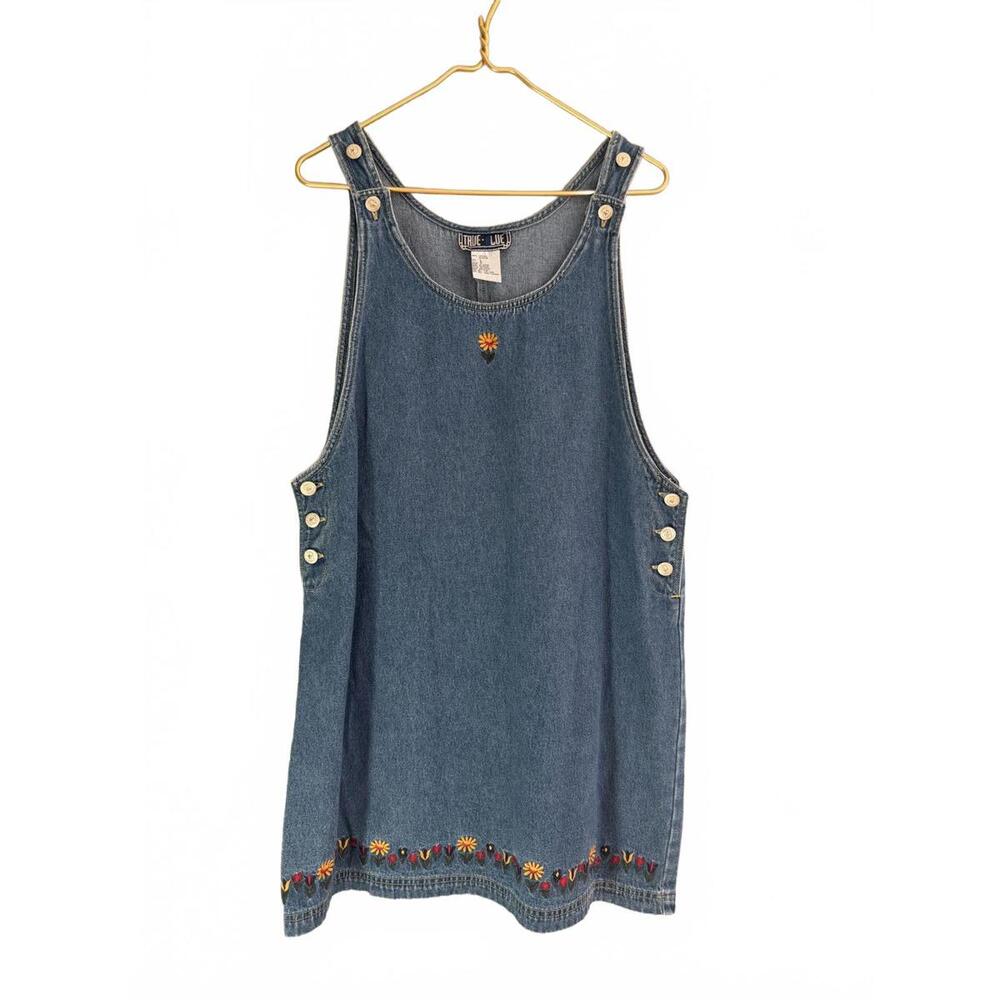 Vintage 90s Y2K Denim Overall Jumper Dress Sunflower Embroidered Women's Size Lg